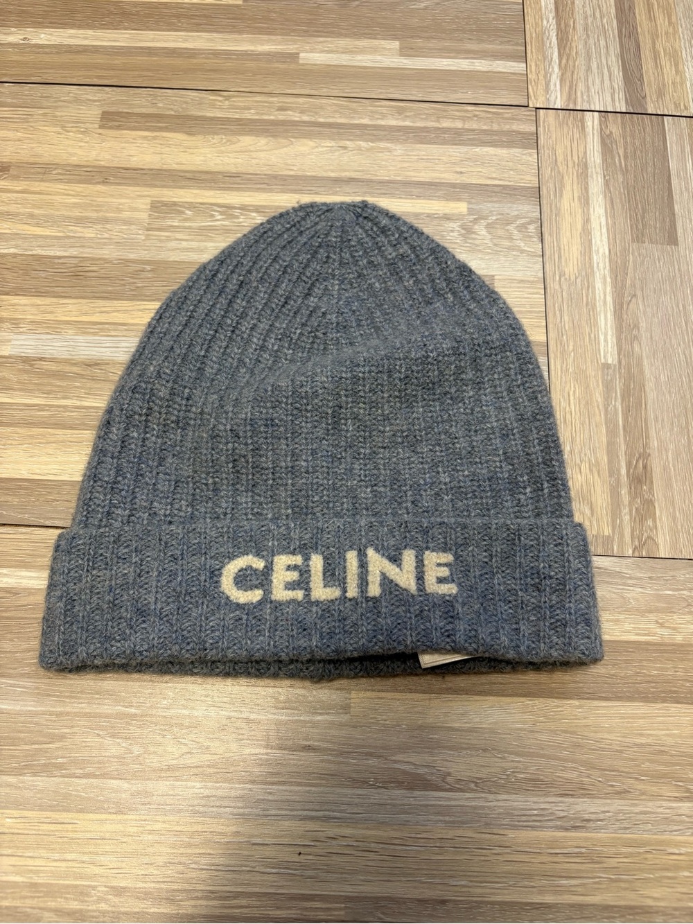Authentic slouchy CELINE Ribbed Knit Beanie in Heather Gray with Cream Logo